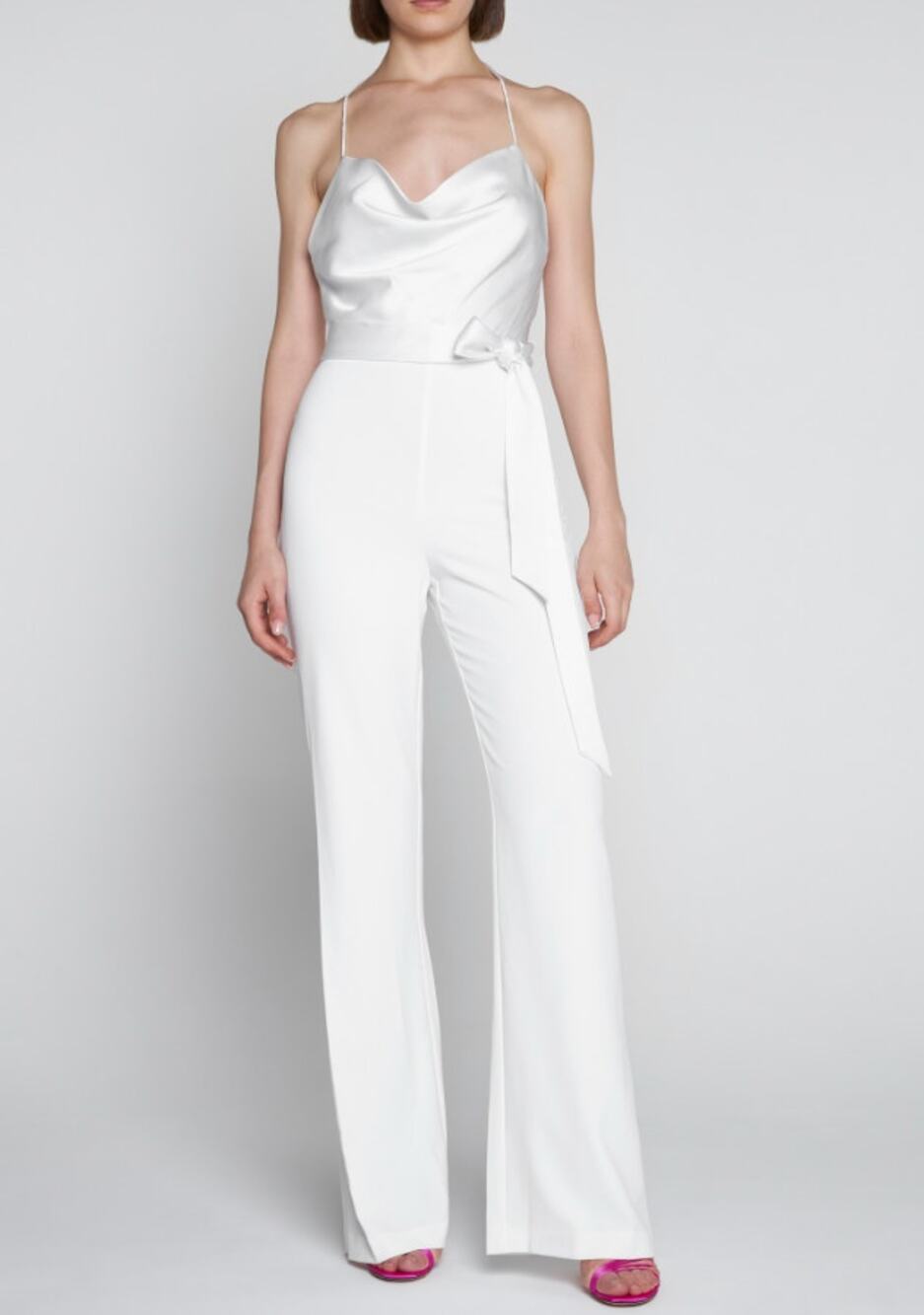 ALICE + OLIVIA Primrose Wide-Leg Jumpsuit Size 0 Satin White Cowl Neck  NWOT